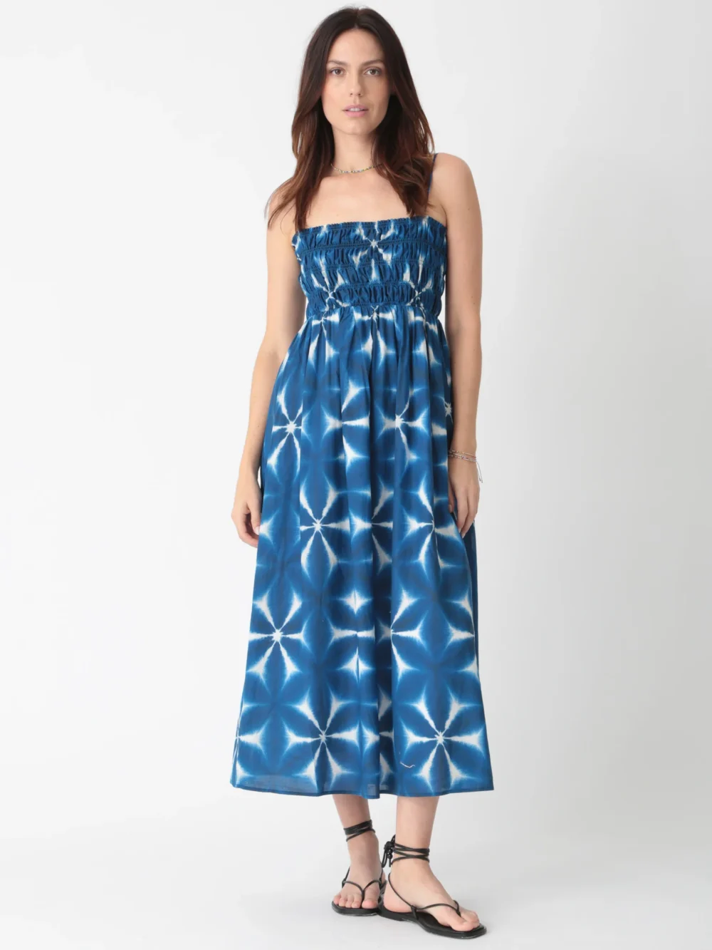 100% cotton printed spaghetti - strap midi dress with blue and white tie - dye pattern