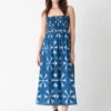 100% cotton printed spaghetti - strap midi dress with blue and white tie - dye pattern