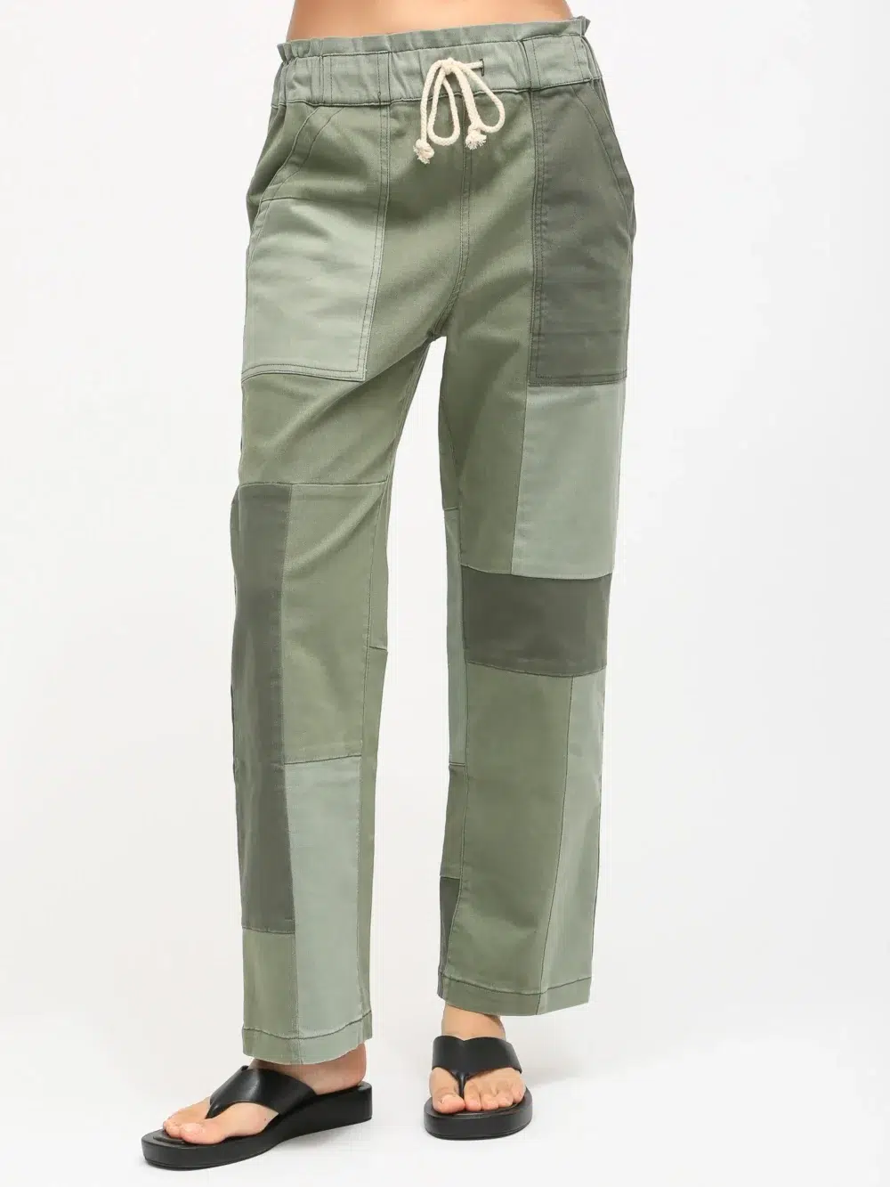 Dyed patchwork classic casual pants with multi - color block design in green tones