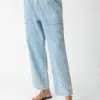 Light blue linen - cotton denim classic casual pants (detail view)