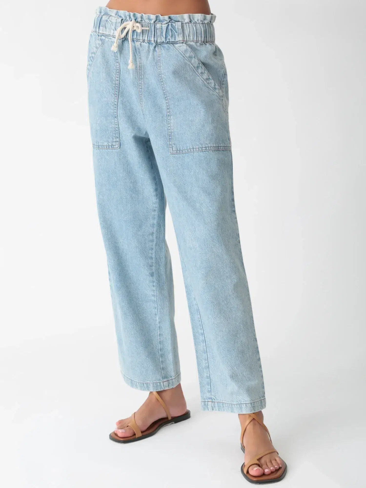 Light blue linen - cotton denim classic casual pants (detail view)