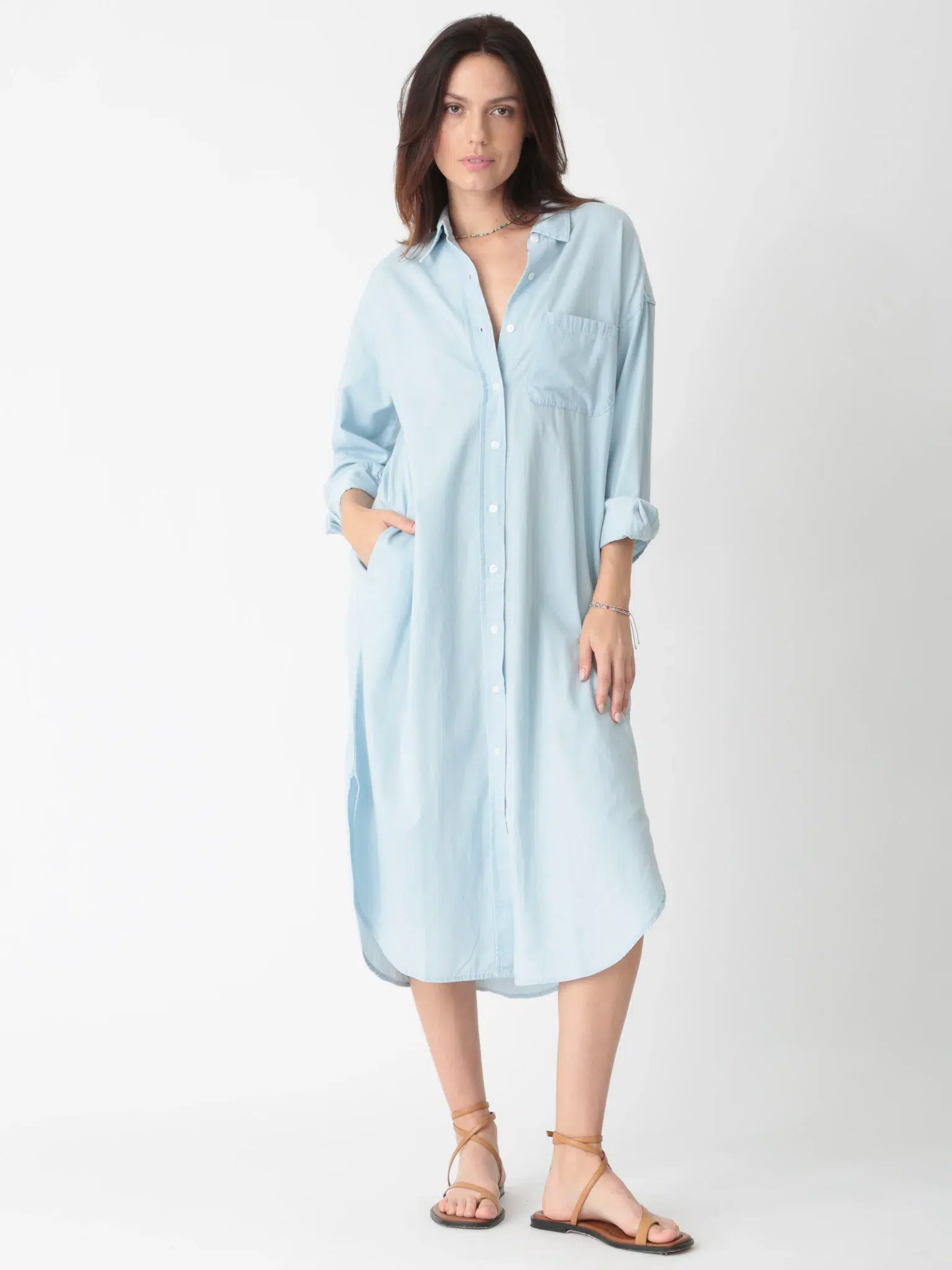 100% cotton shirt dress in light blue with shirt - style details (collar, buttons, pocket)