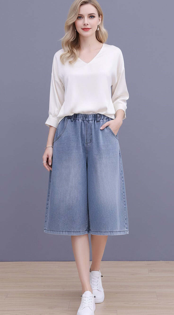 Outfit with light blue denim wide - leg culottes and white V - neck shirt, featuring a casual and fashionable design