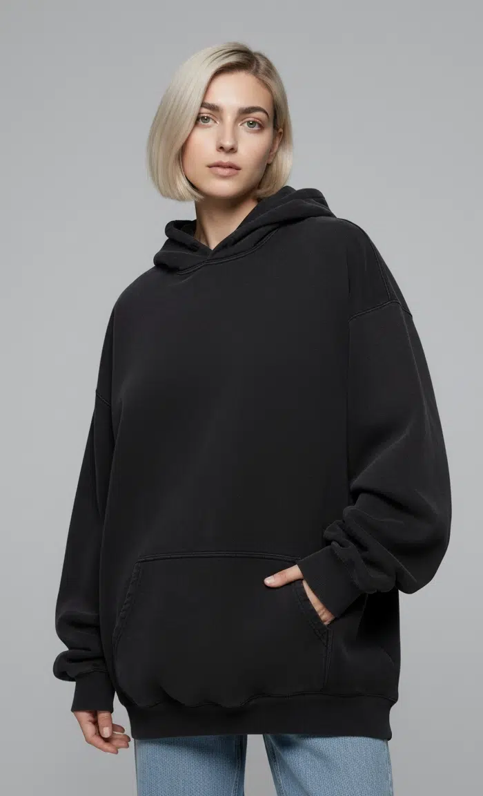 Model wearing oversized black hoodie (front view)