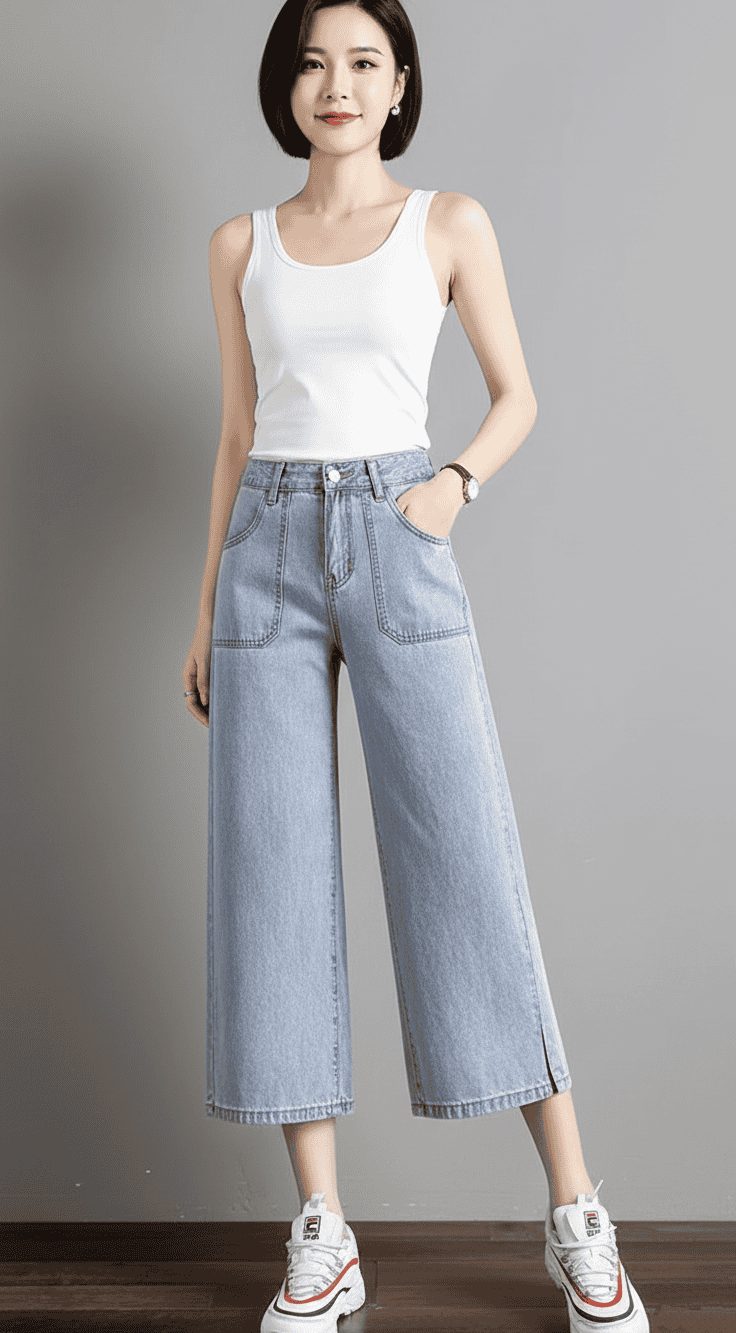 Outfit with light blue wide - leg cropped jeans and white tank top, featuring a casual and fashionable design