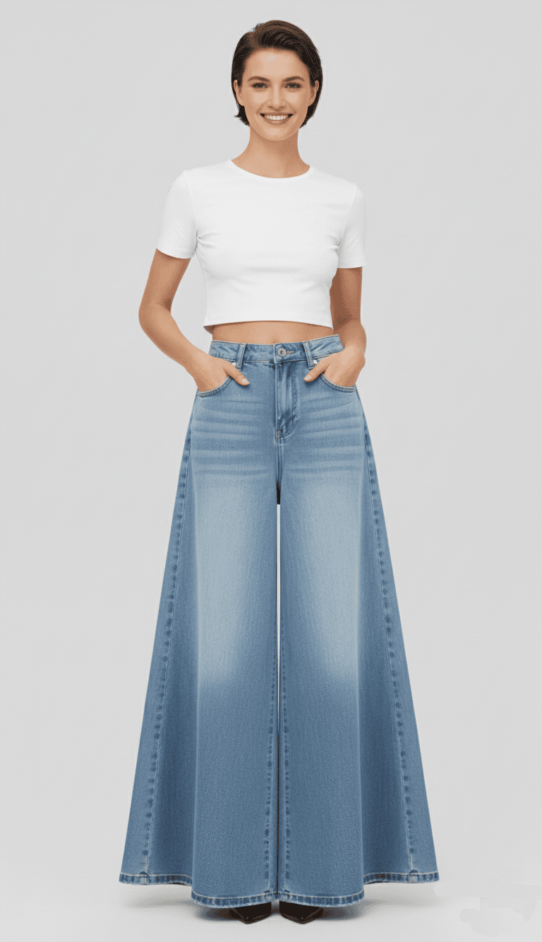 Outfit with light blue denim palazzo pants and white short - sleeved crop top, featuring a stylish and casual design