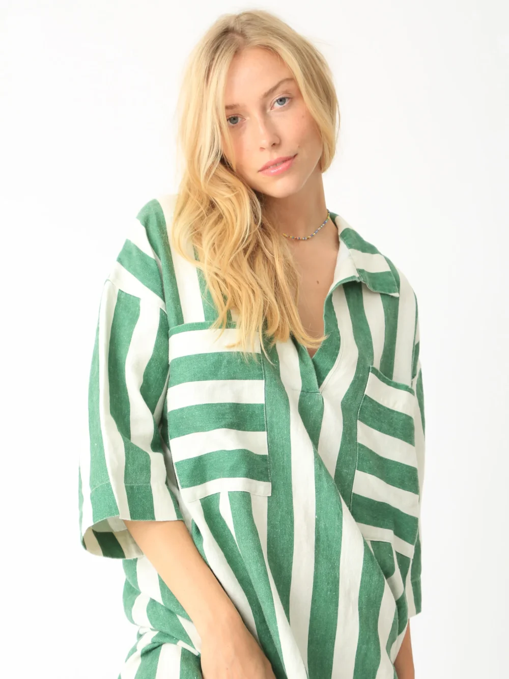 100% linen yarn - dyed green and white striped shirt dress with kaftan - style and shirt silhouette, casual and comfortable design