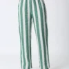 100% linen yarn - dyed green and white striped loungewear pants, part of a loungewear set with casual and stylish design