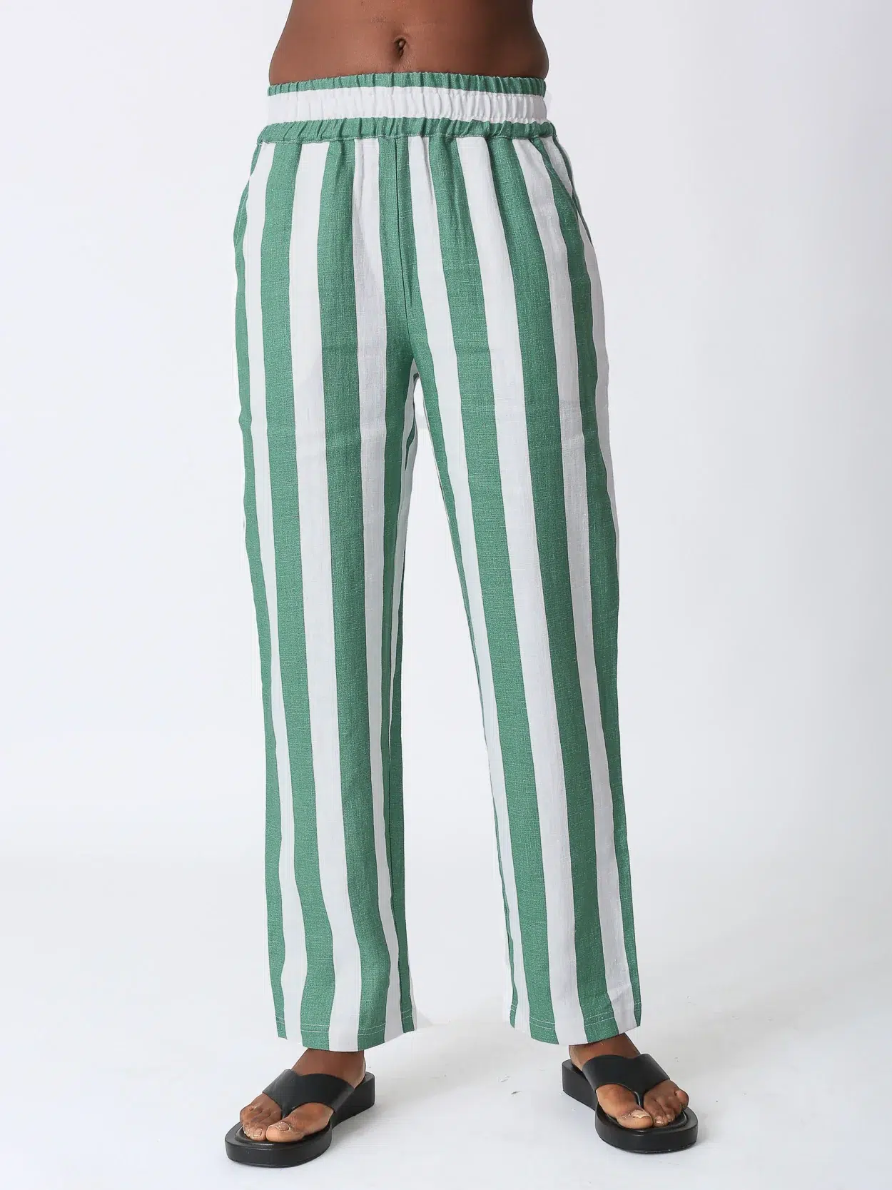 100% linen yarn - dyed green and white striped loungewear pants, part of a loungewear set with casual and stylish design