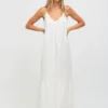 100% cotton embroidered spaghetti - strap maxi dress in white with embroidery details
