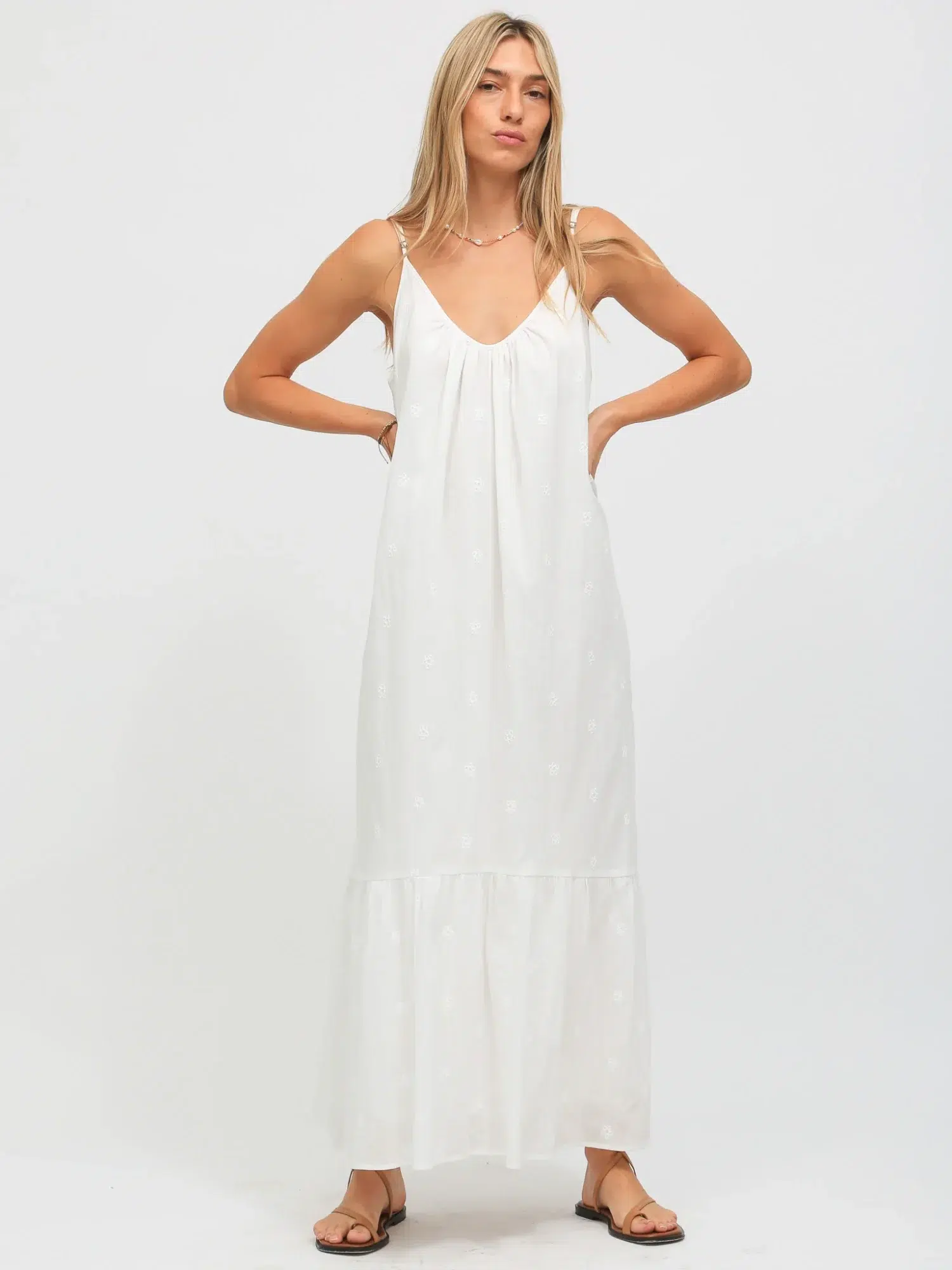 100% cotton embroidered spaghetti - strap maxi dress in white with embroidery details