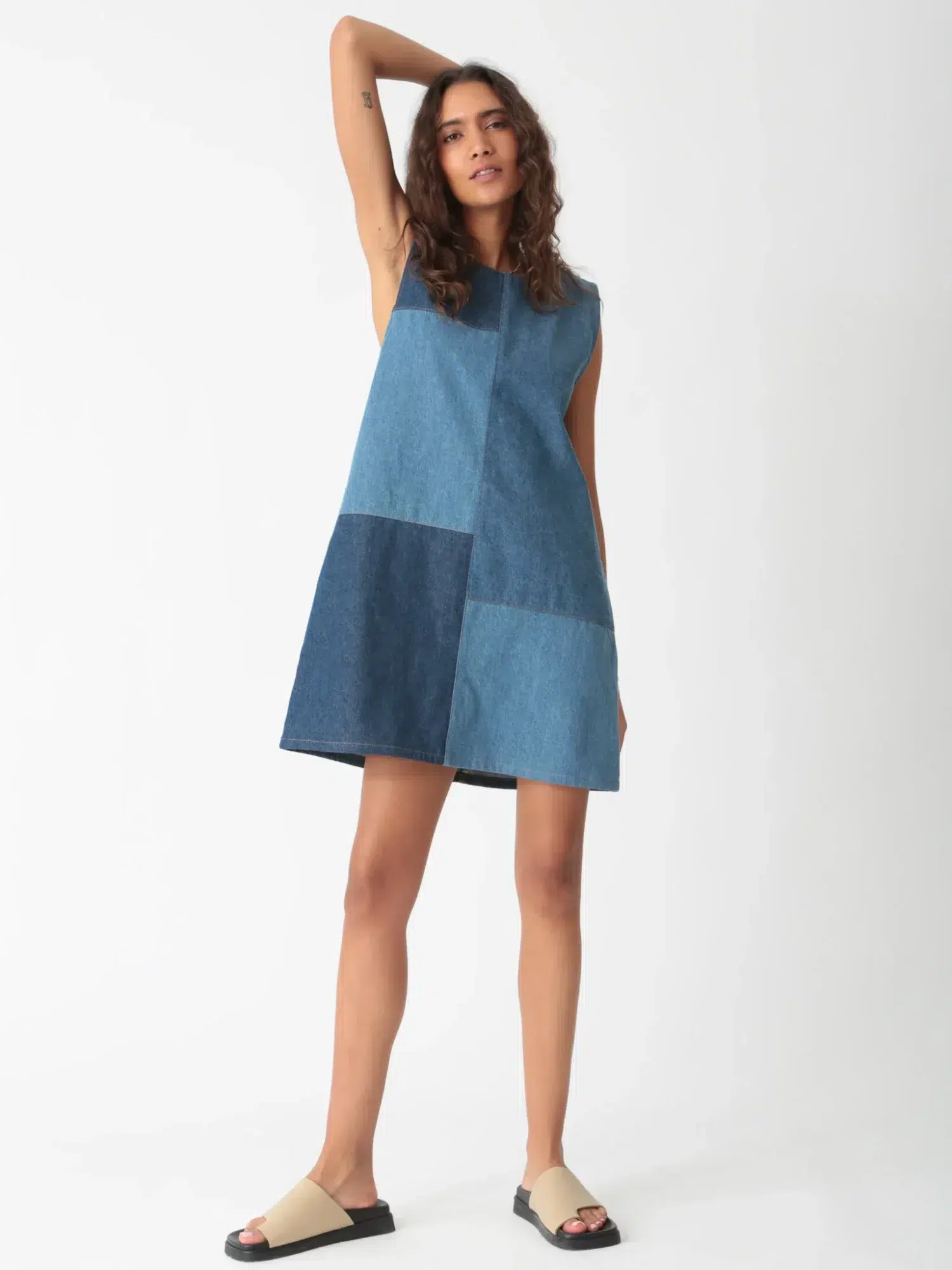 Denim patchwork sleeveless dress with multi - blue denim panels