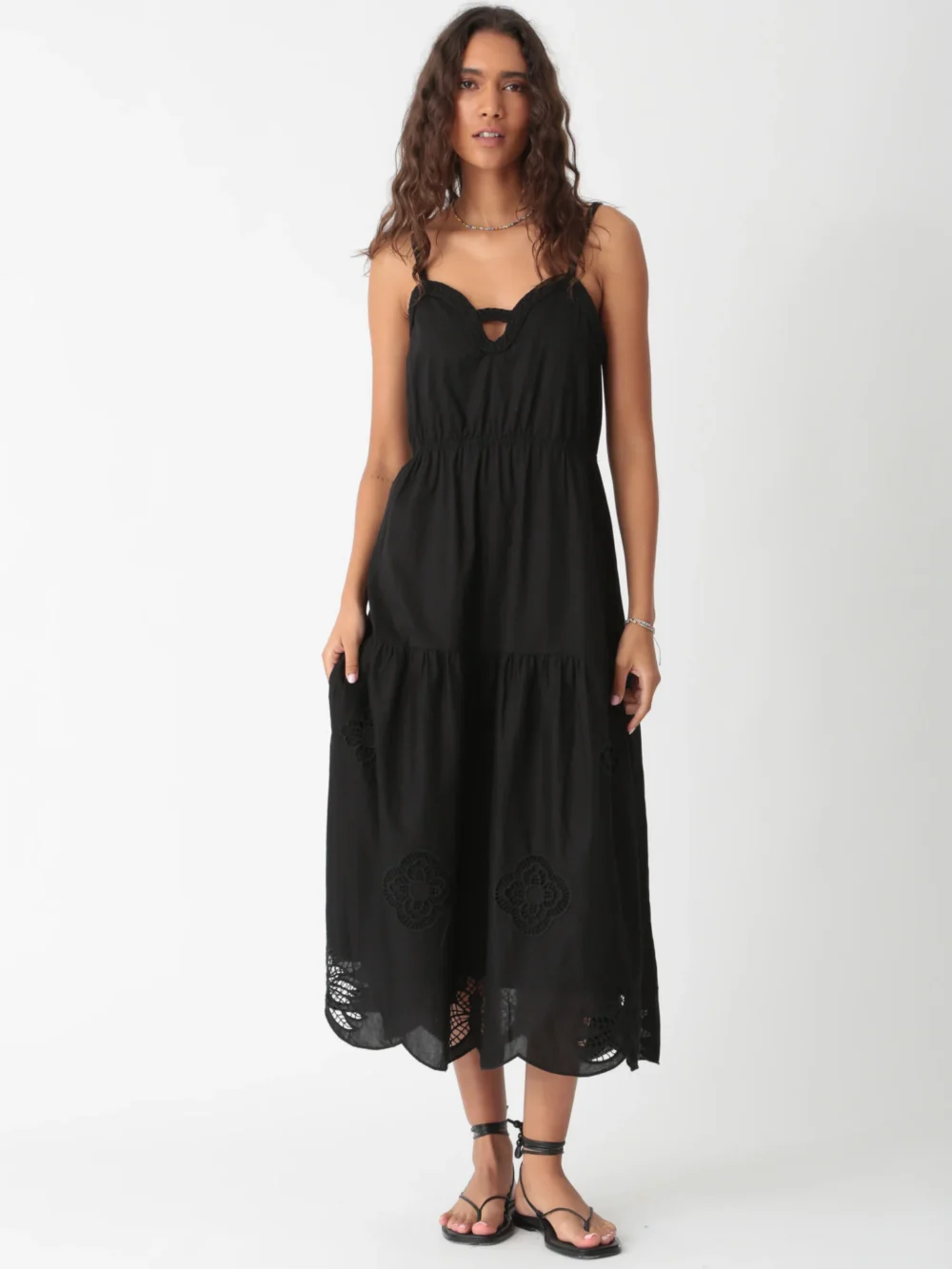 00% cotton embroidered spaghetti - strap maxi dress in black with embroidery and cutout details