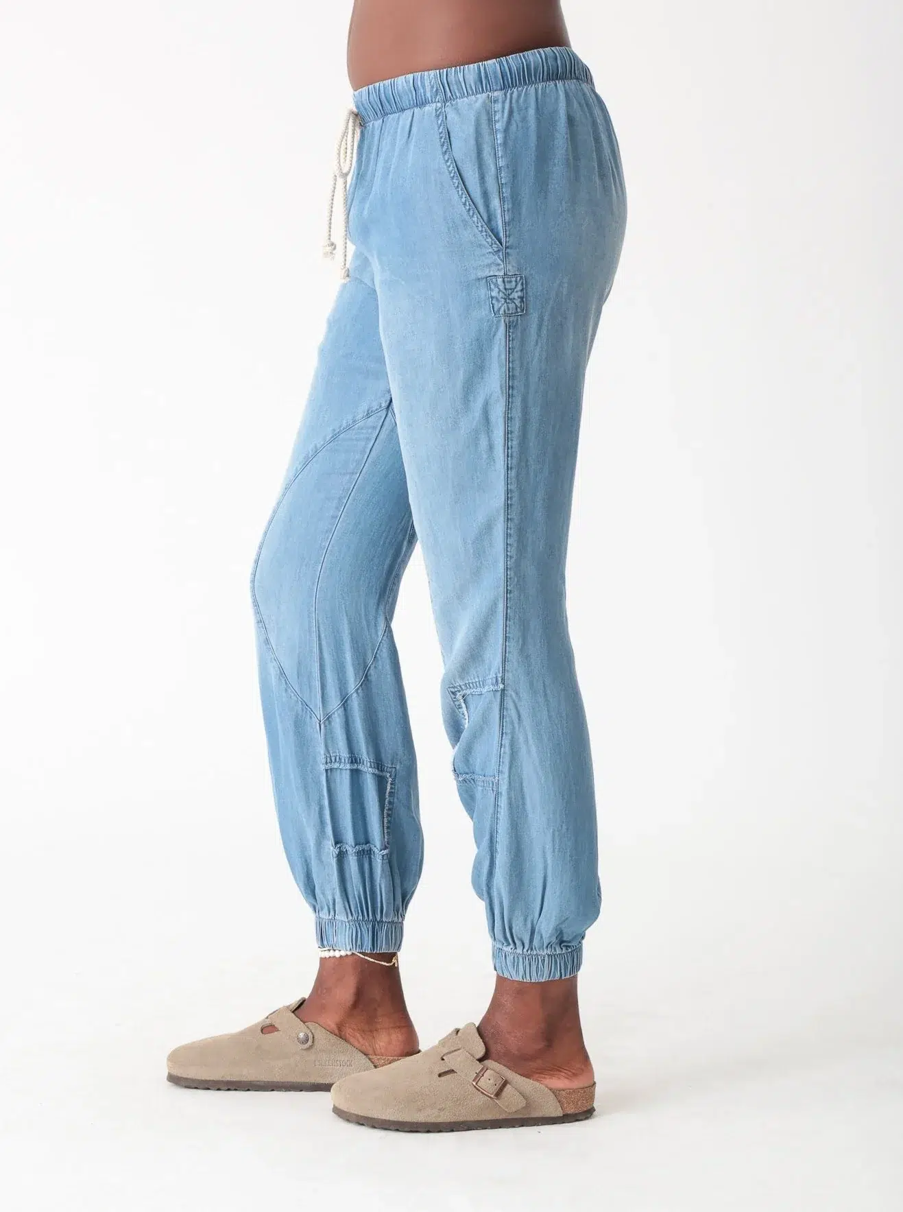 Light blue denim jogger pants (side view)