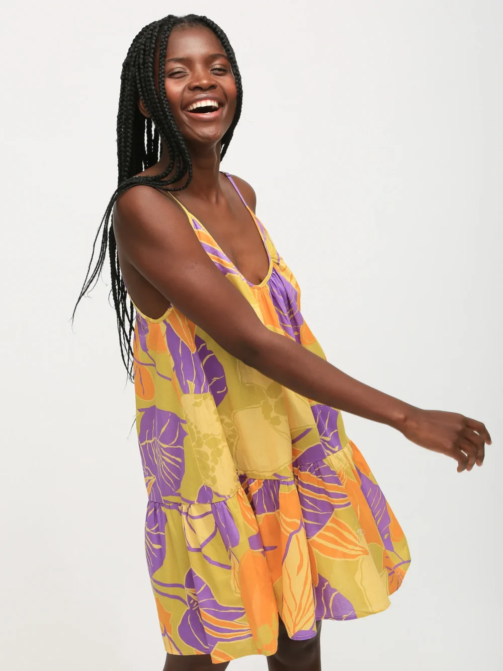 100% cotton printed spaghetti - strap dress with yellow, purple and orange plant print pattern