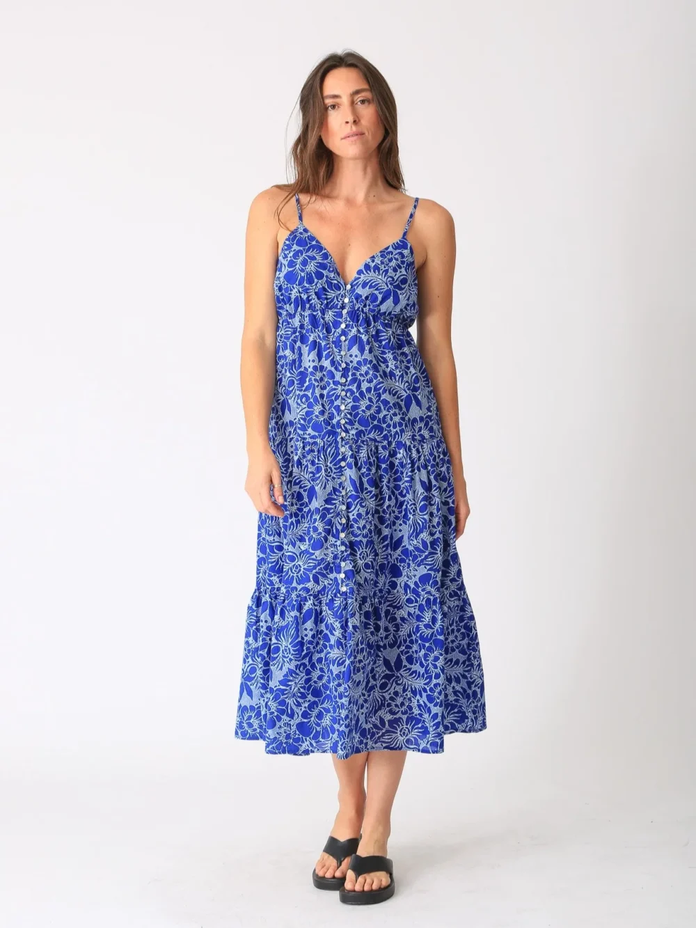100% cotton printed spaghetti - strap midi dress with blue and white floral print pattern
