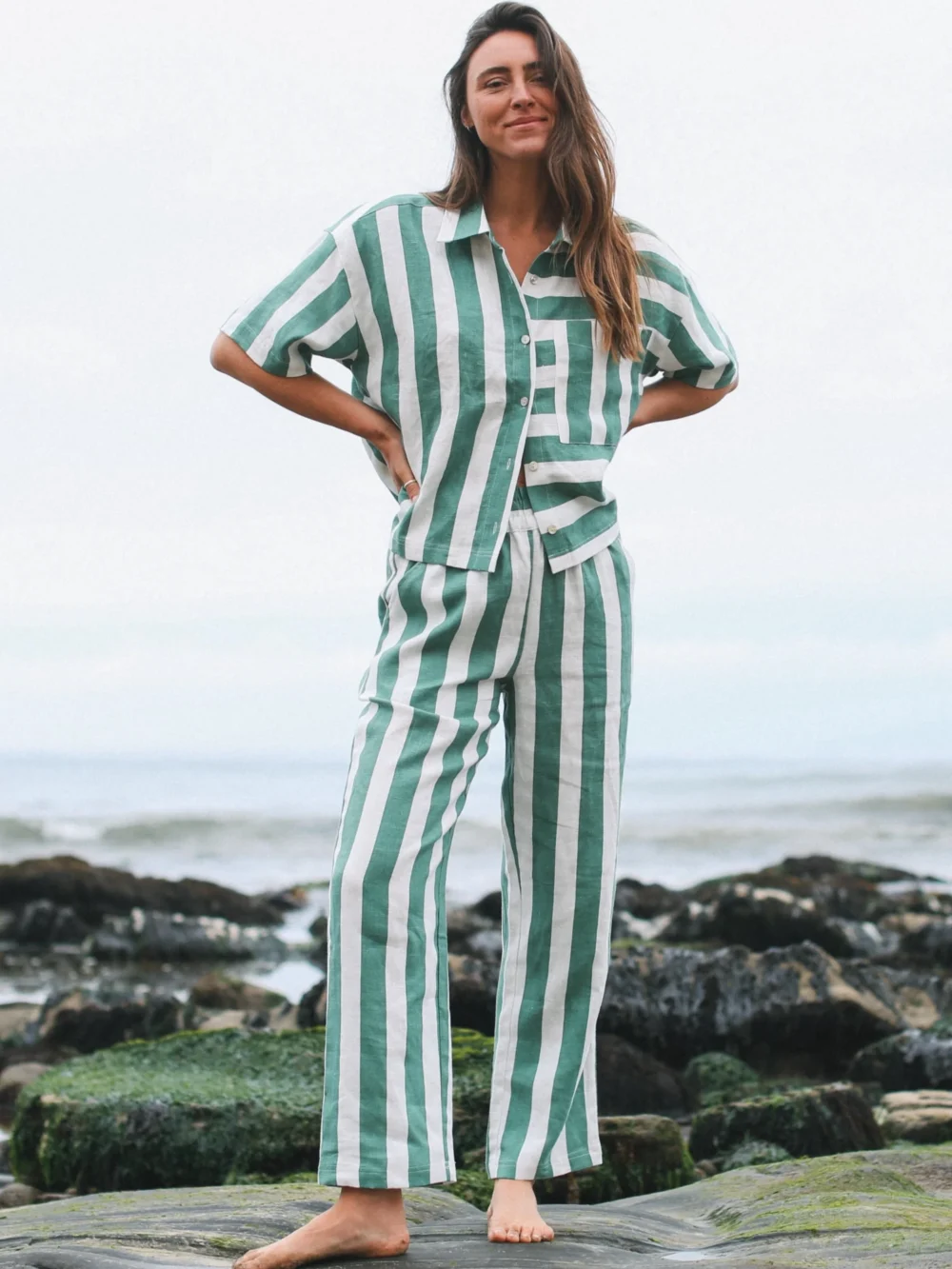 100% linen yarn - dyed green and white striped loungewear set including a striped shirt and wide - leg pants, casual and vacation - ready design