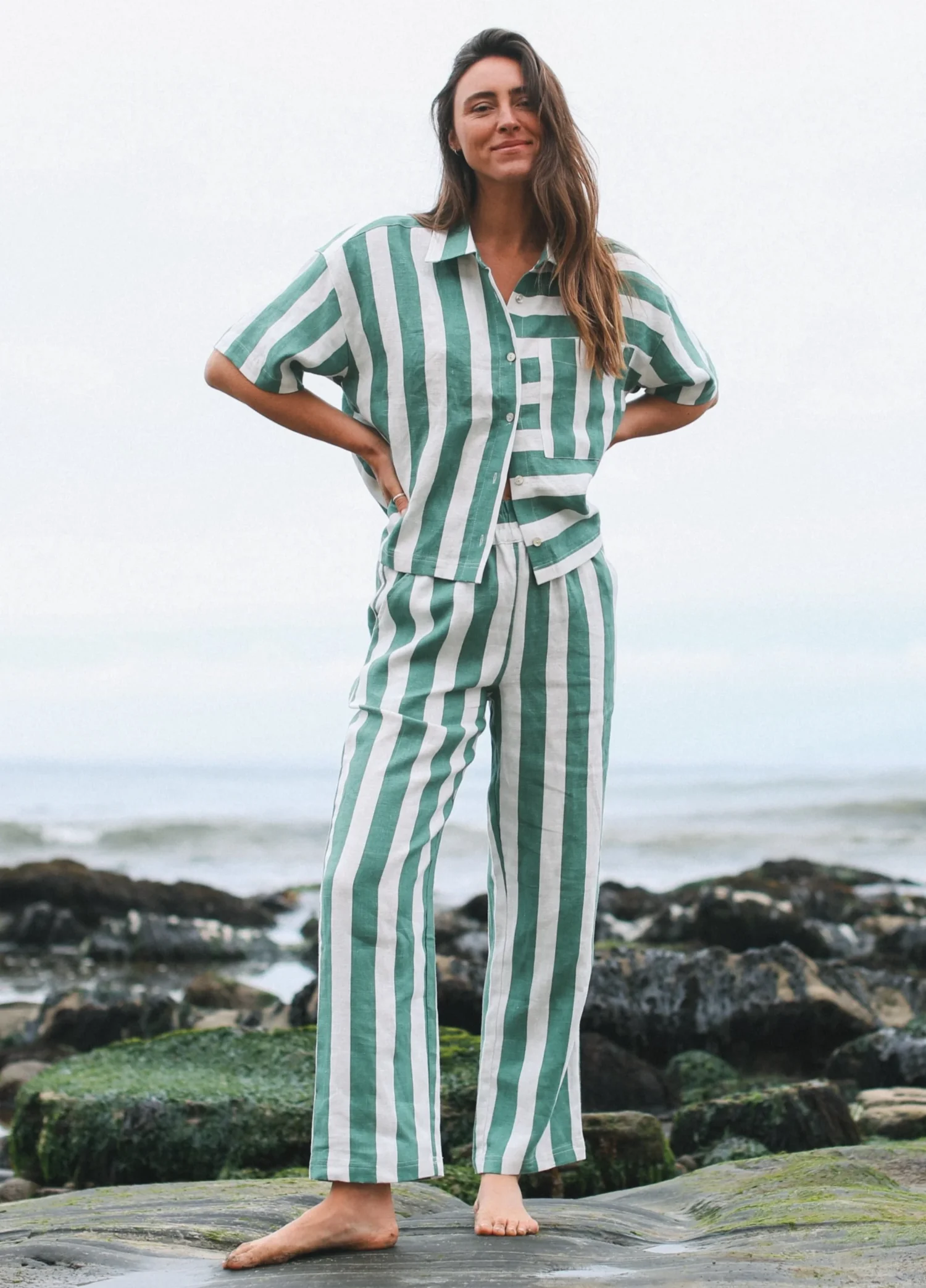 100% linen yarn - dyed green and white striped loungewear set including a striped shirt and wide - leg pants, casual and vacation - ready design