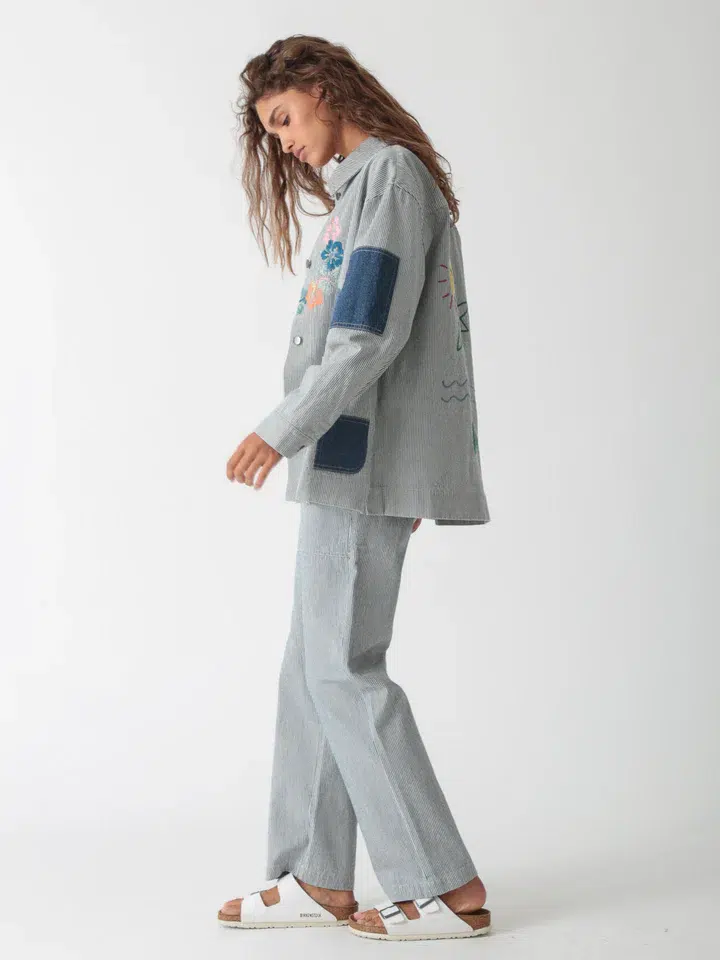 Yarn dyed striped embroidered jacket with classic casual pants set