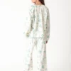 100% linen printed loungewear set with green plant and palm tree prints on white background, including a top and wide - leg pants, casual and comfortable design