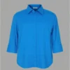Bright blue button - front shirt with a collared neckline and 3/4 sleeves.