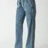 Classic linen - cotton casual denim jeans with drawstring design