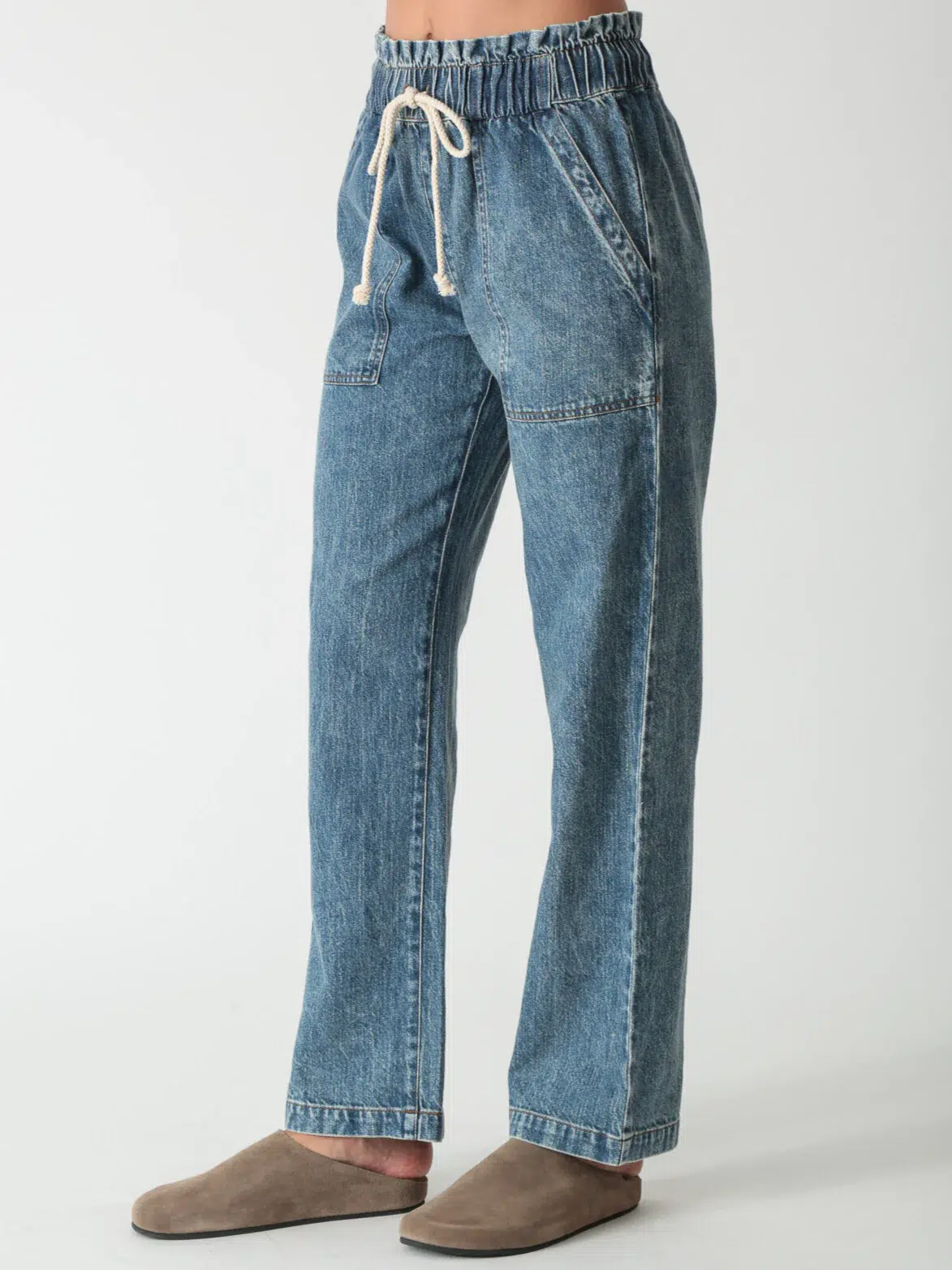 Classic linen - cotton casual denim jeans with drawstring design