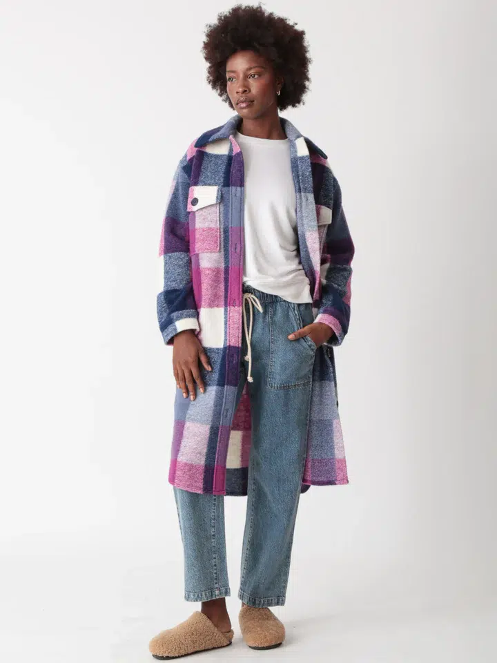 Woolen plaid long shirt coat styled with white top and drawstring jeans