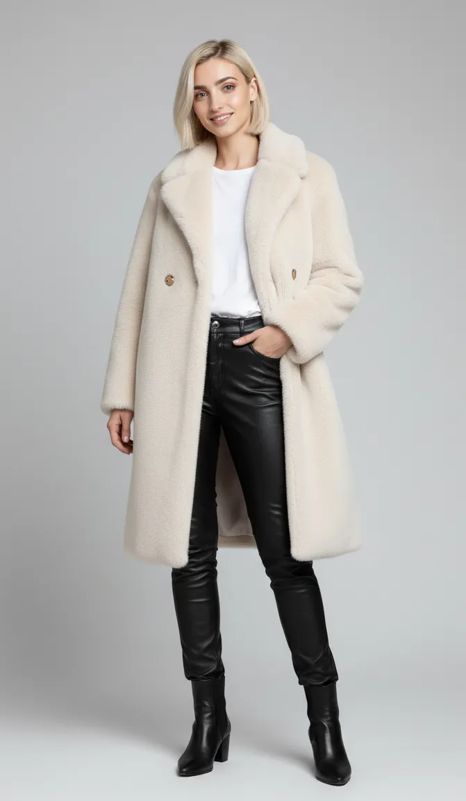 Woman wearing a light beige faux fur long coat, white top, black leather pants, and black ankle boots against a light gray background.