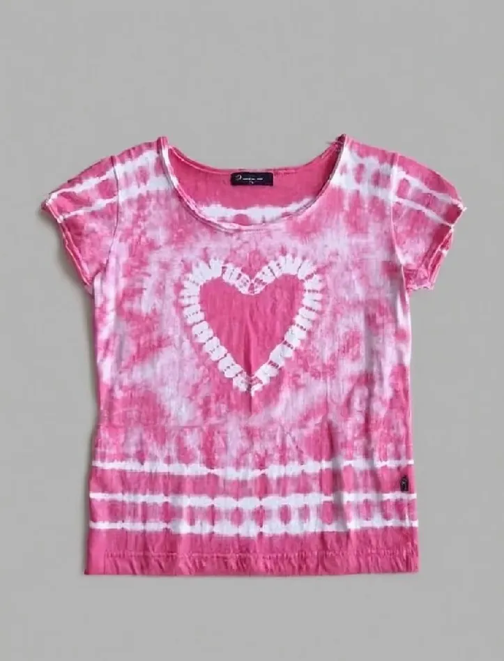 Pink tie - dye heart print short sleeve t - shirt displayed against a gray background.