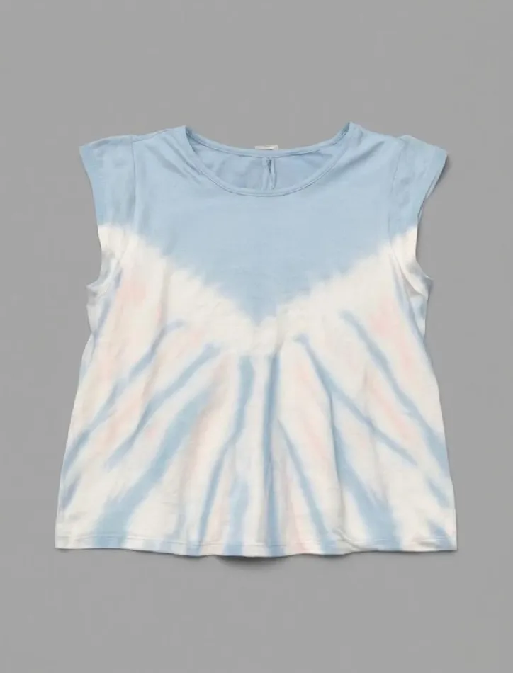 Blue and white tie - dye sleeveless top displayed against a gray background