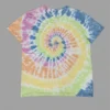 Rainbow spiral tie - dye short sleeve t - shirt displayed against a gray background.