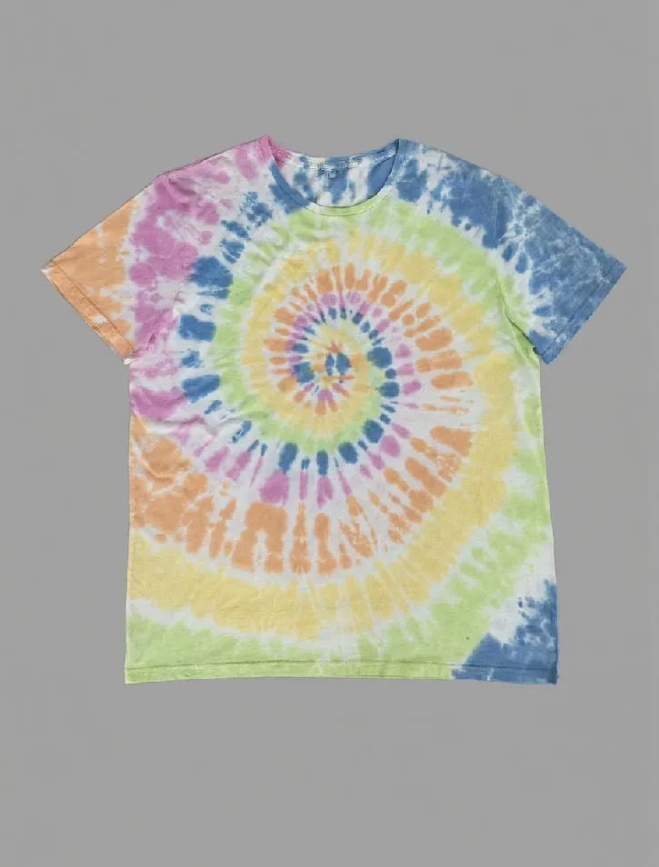 Rainbow spiral tie - dye short sleeve t - shirt displayed against a gray background.