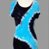 Blue and black tie - dye short sleeve top with rhinestone details displayed on a mannequin against a gray background.