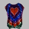 Multicolor heart tie - dye short sleeve top displayed against a gray background.