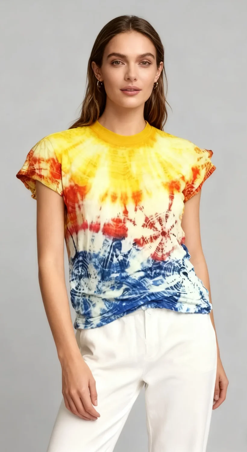 Woman wearing a rainbow burst tie - dye short sleeve top with white pants against a light gray background.