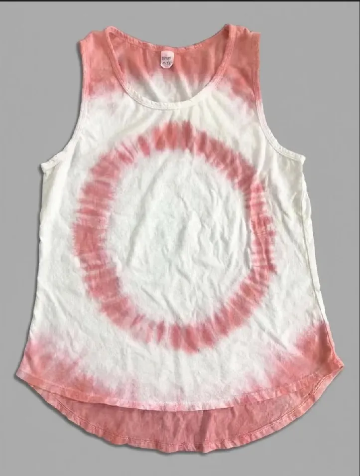 Pink and white spiral tie - dye sleeveless tank top displayed against a gray background.