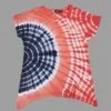 Red and navy spiral tie - dye short sleeve top displayed against a gray background.