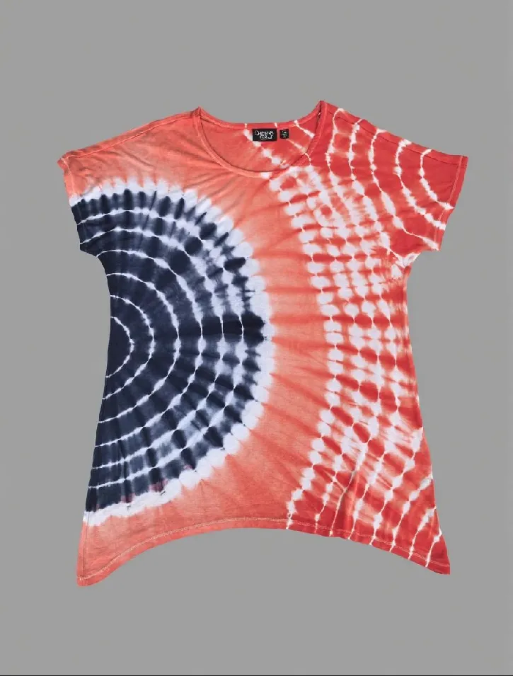 Red and navy spiral tie - dye short sleeve top displayed against a gray background.