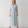 Light grey blue drawstring waist V-neck midi dress with half sleeves worn by model