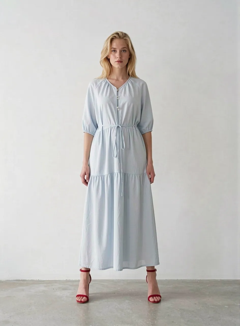 Light Grey Blue Drawstring Waist Midi Dress Light grey blue drawstring waist V-neck midi dress with half sleeves worn by model