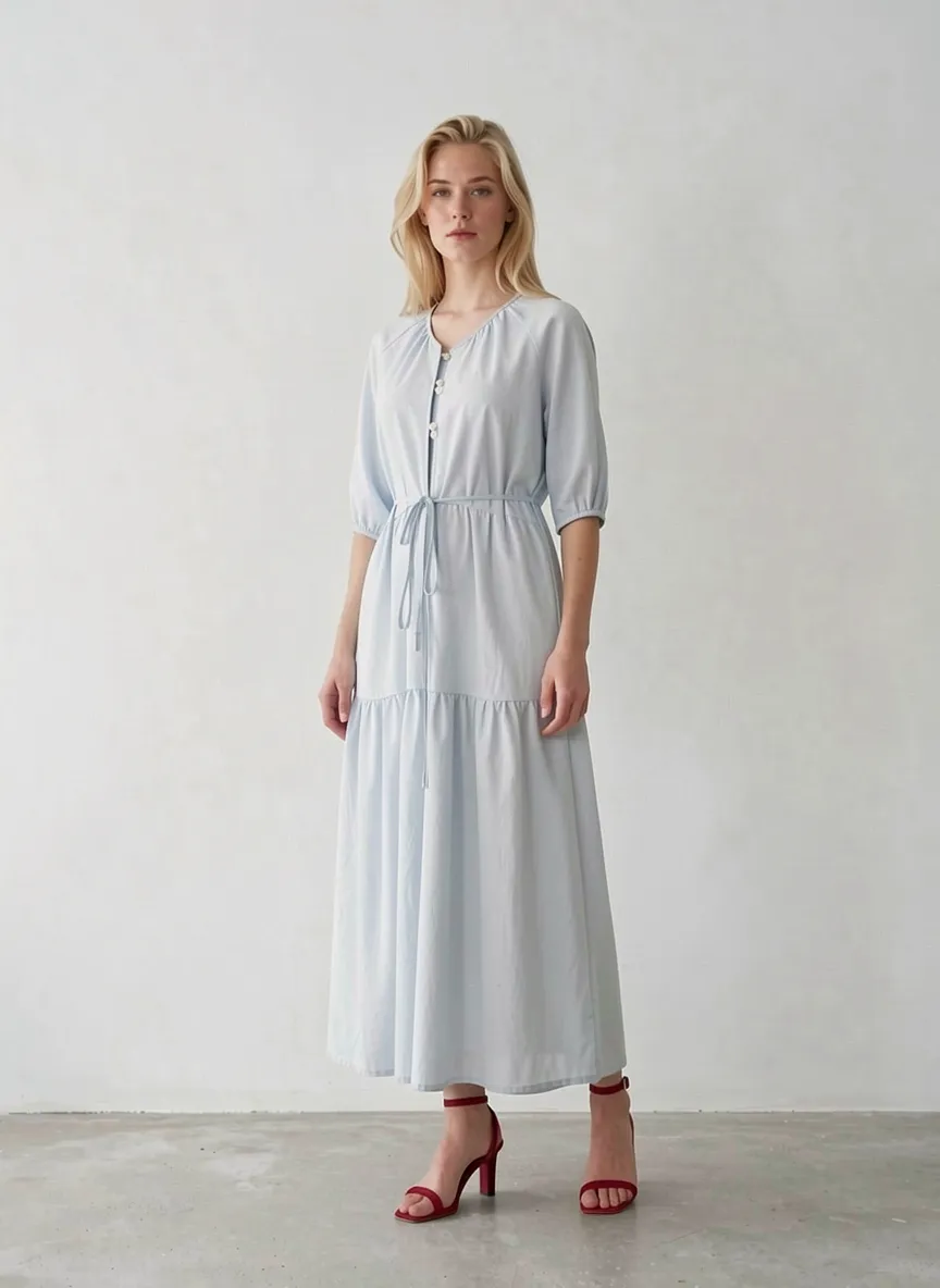 Side view of light grey blue drawstring waist V-neck midi dress with half sleeves