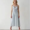 Light Grey Blue Midi Dress Front View Model wearing a light grey blue crochet trim V-neck cami midi dress with drawstring waist