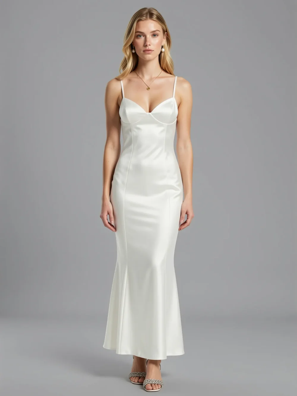 White viscose satin spaghetti strap mermaid gown front view