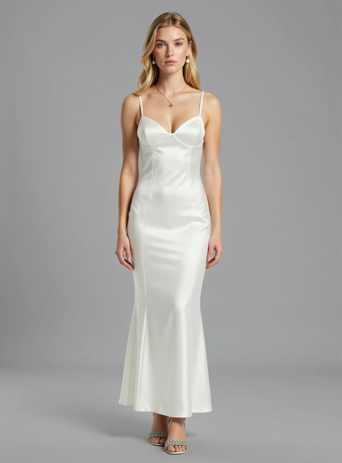 White viscose satin spaghetti strap mermaid gown front view