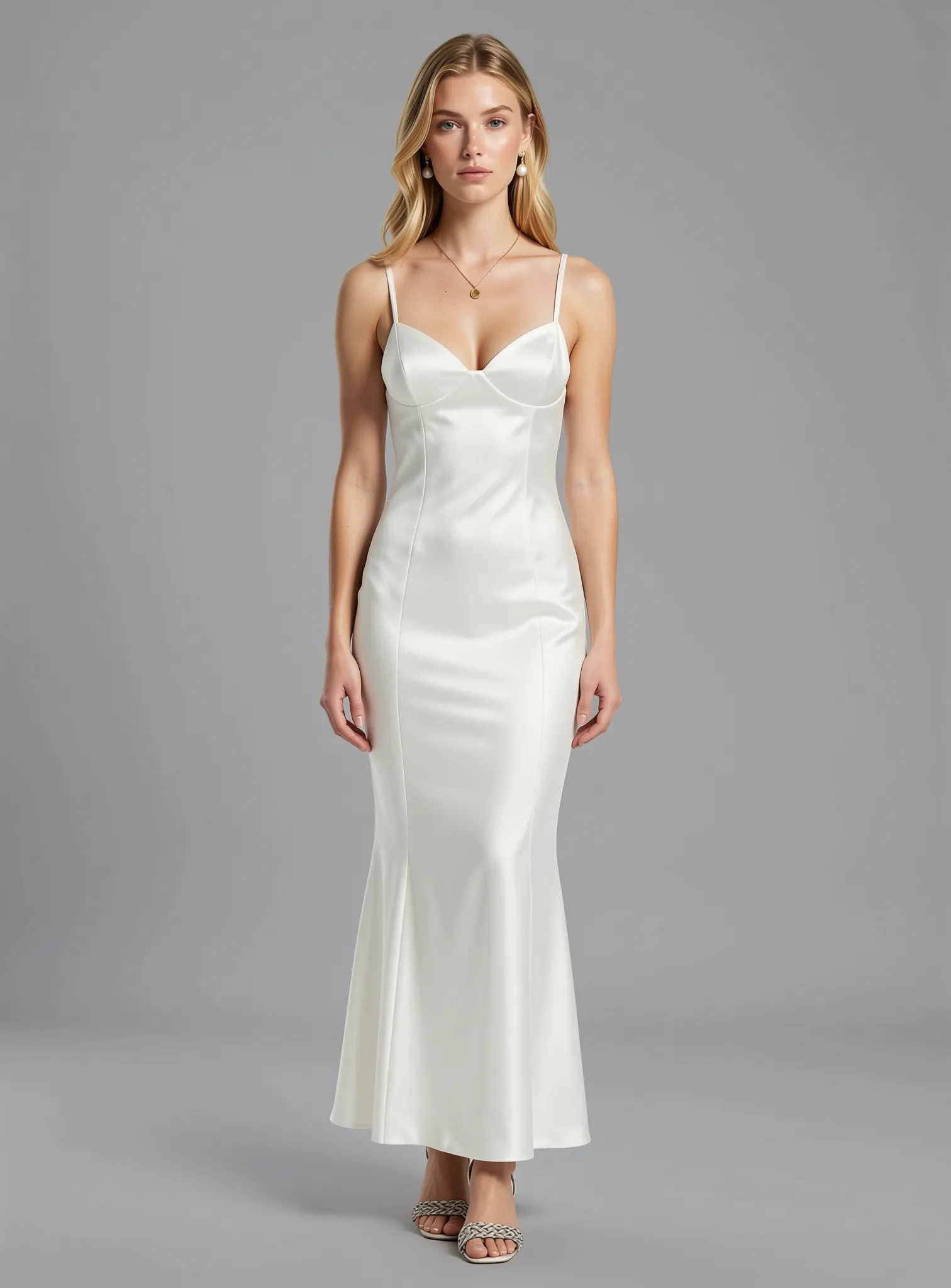 White viscose satin spaghetti strap mermaid gown front view