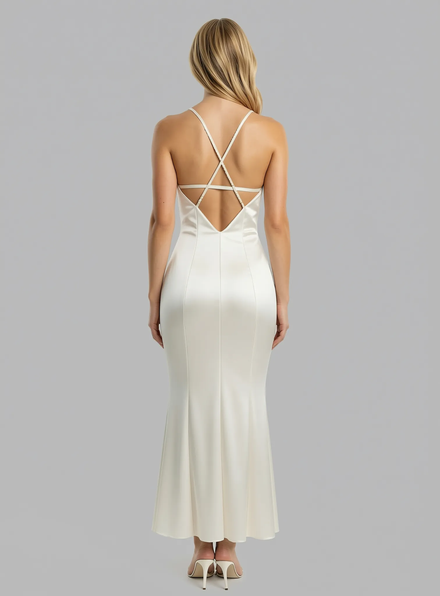White viscose satin mermaid gown back view with crisscross open back