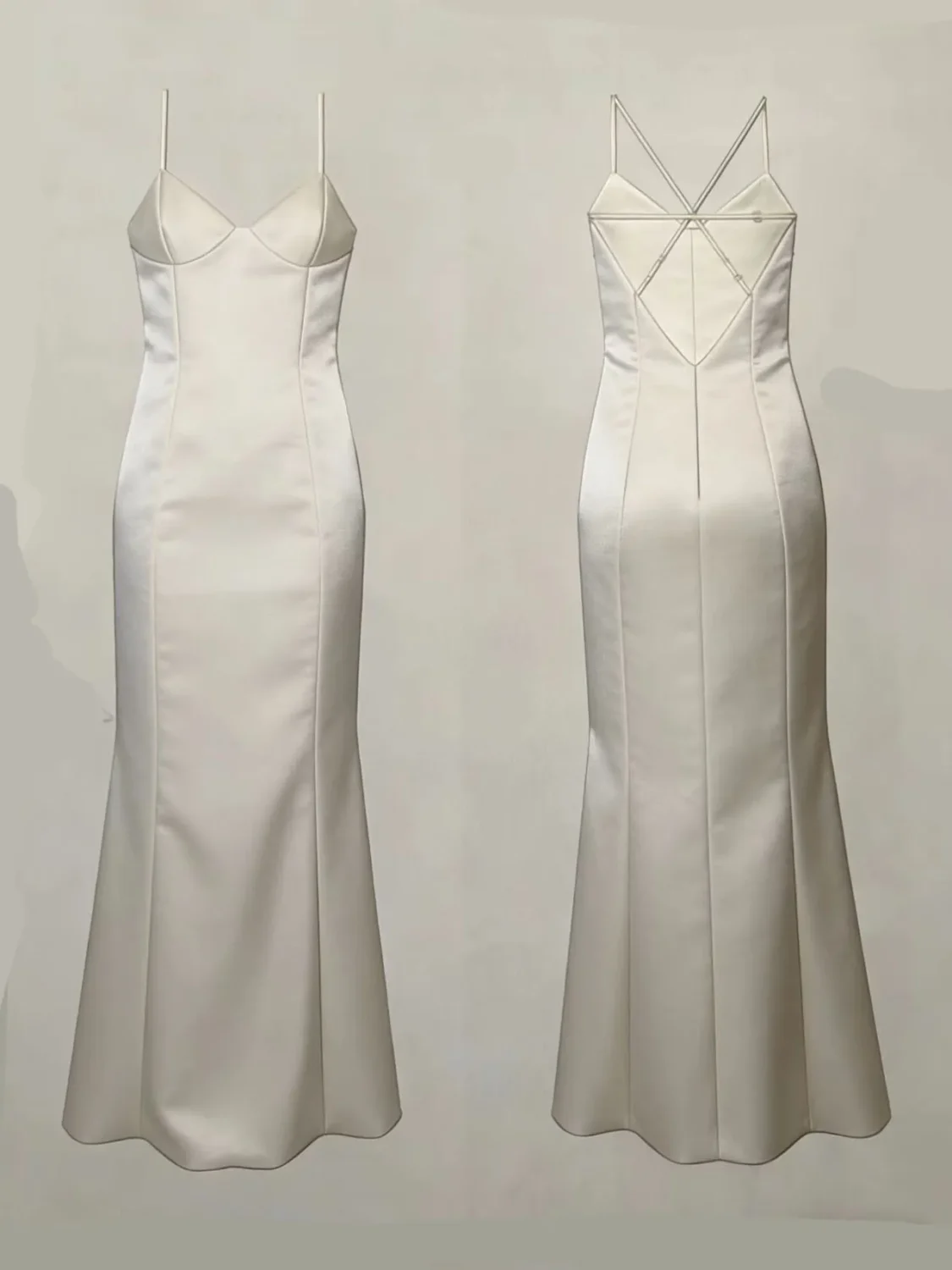 White viscose satin mermaid gown front and back view comparison