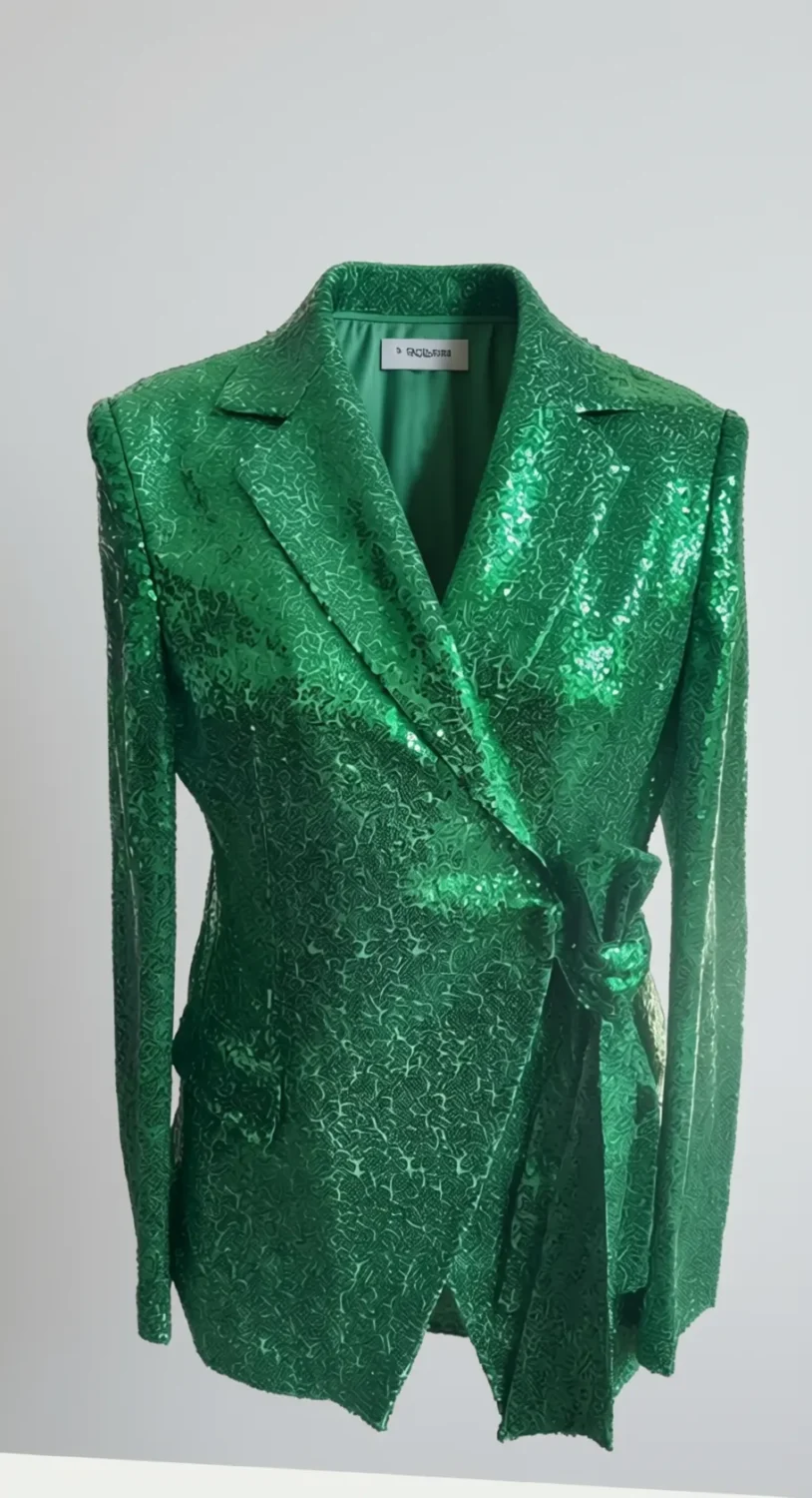 Emerald green sequin wrap blazer flat lay, sequin texture detail