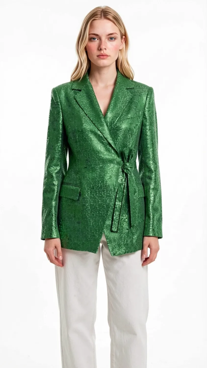 Emerald green sequin wrap blazer worn by model, tie waist design